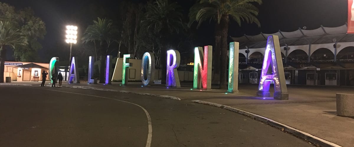 If you are visiting CA and are looking for a great picture that says "you're there" this is the place.  In from of the entrance of the State Fair Grounds.