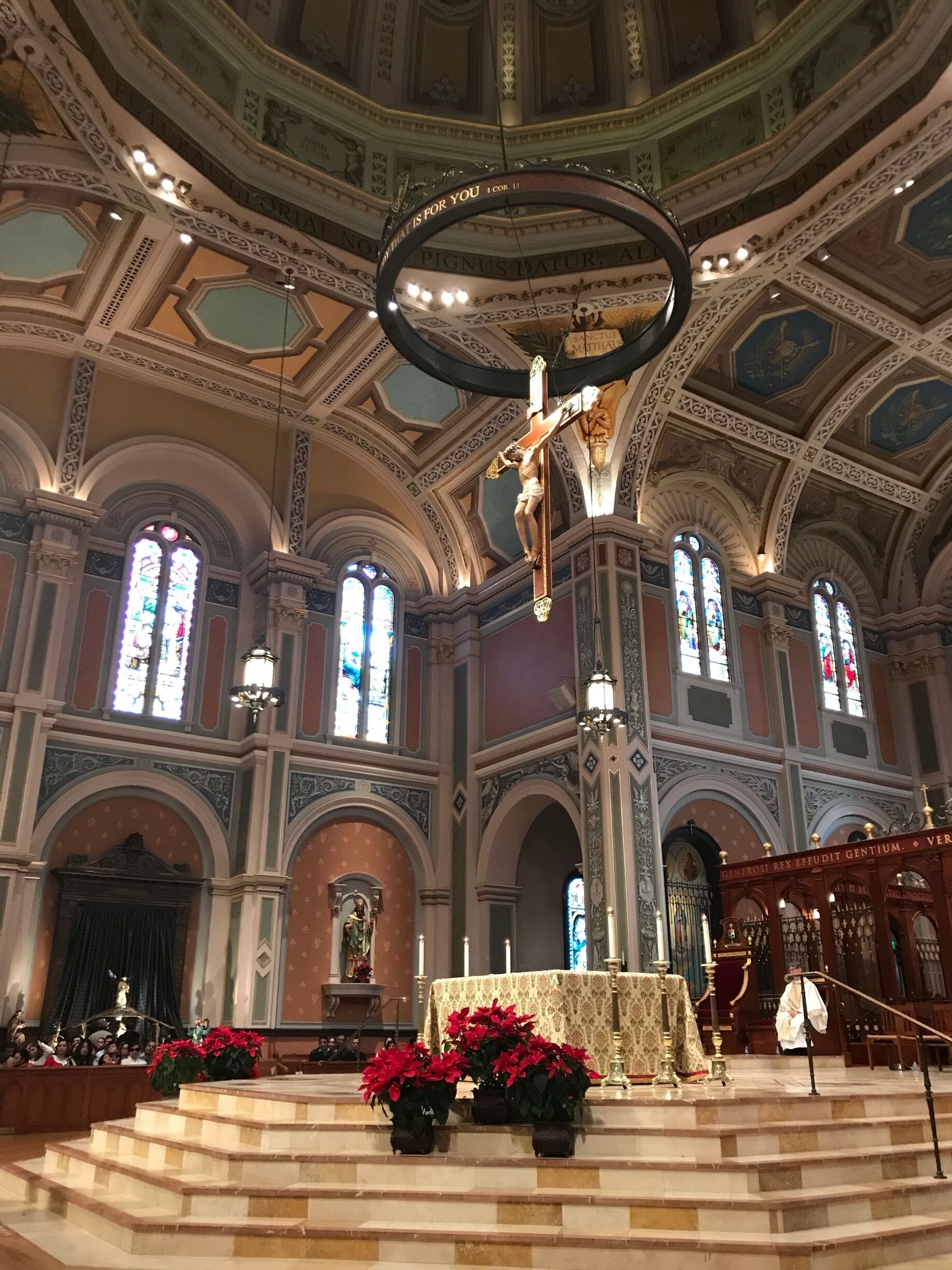 This beautiful Catholic Church of the Blessed Sacrament is the highlight of the square