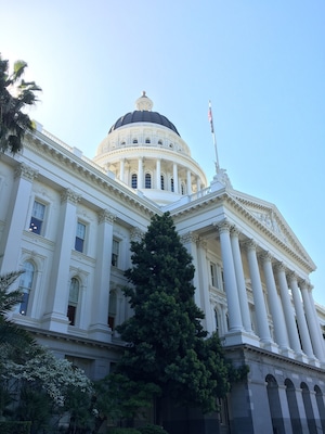 A large white building with a dome and columns.