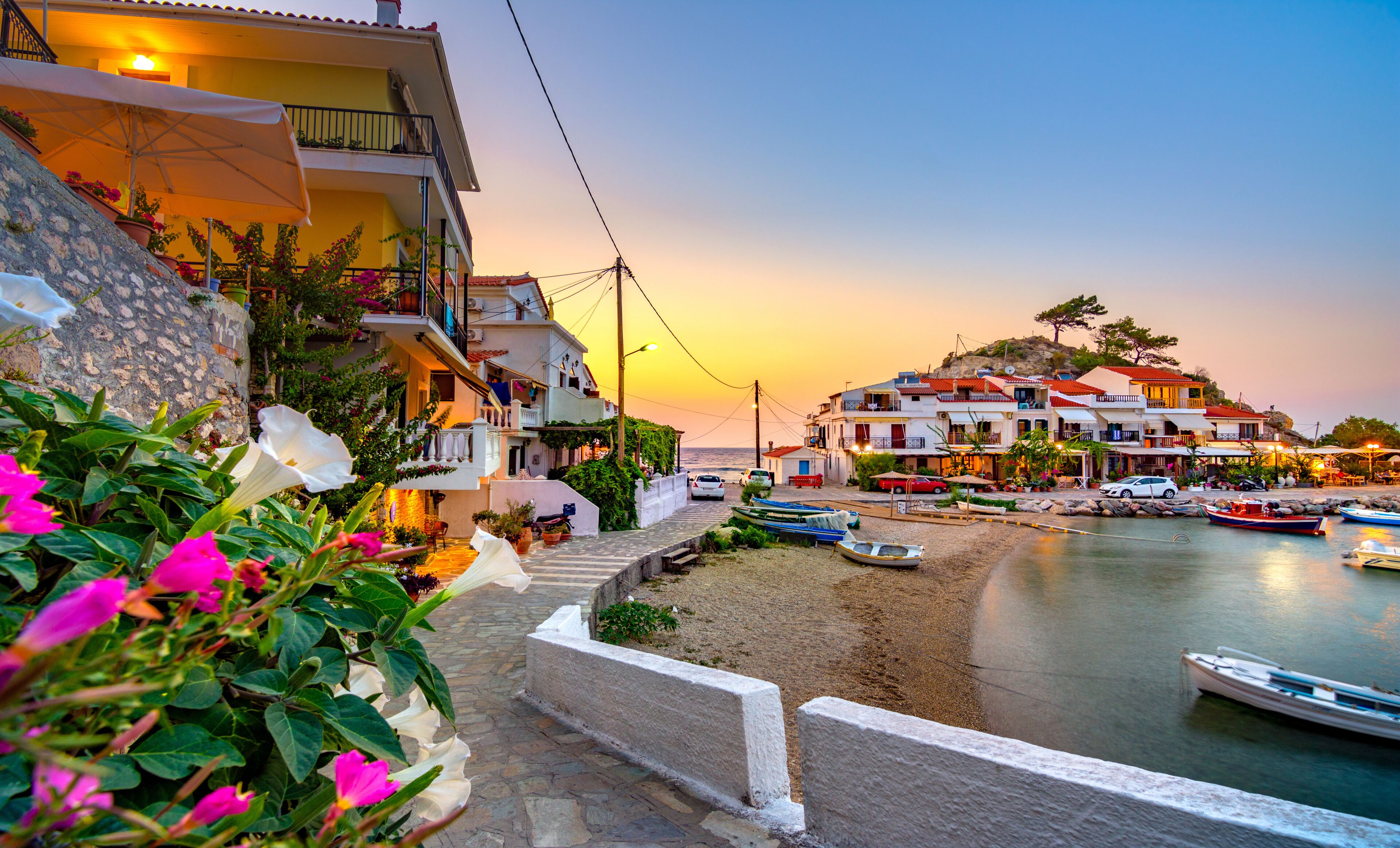 View of Kokkari fishing village with beautiful beach, Samos island, Greece