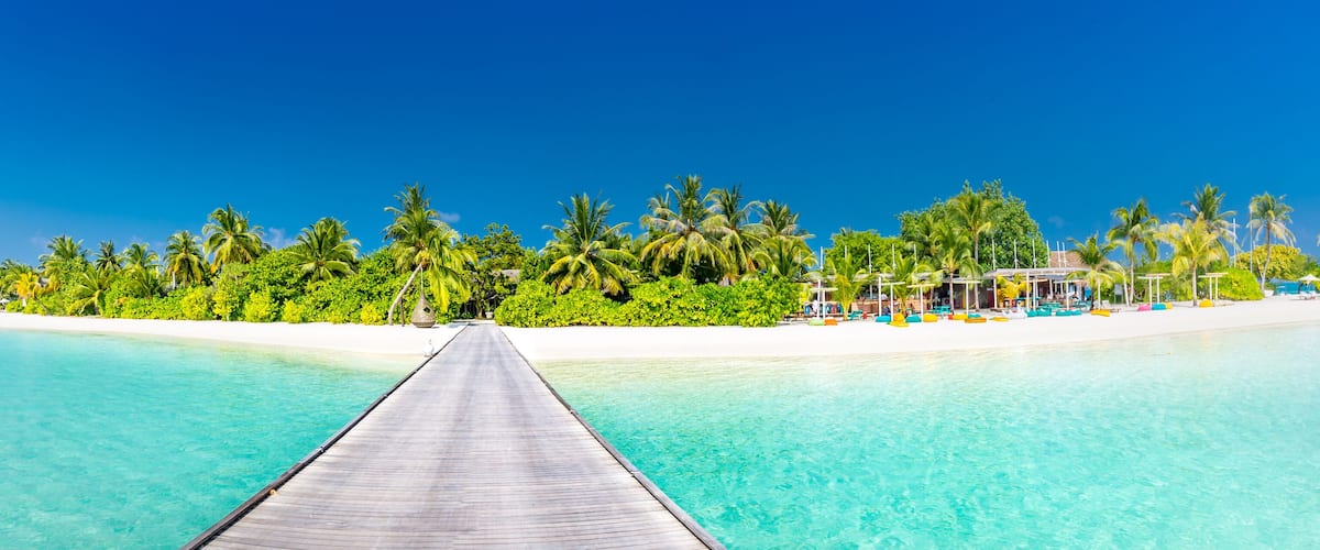 A wooden pier leading to a beach with clear turquoise water and lush green palm trees.