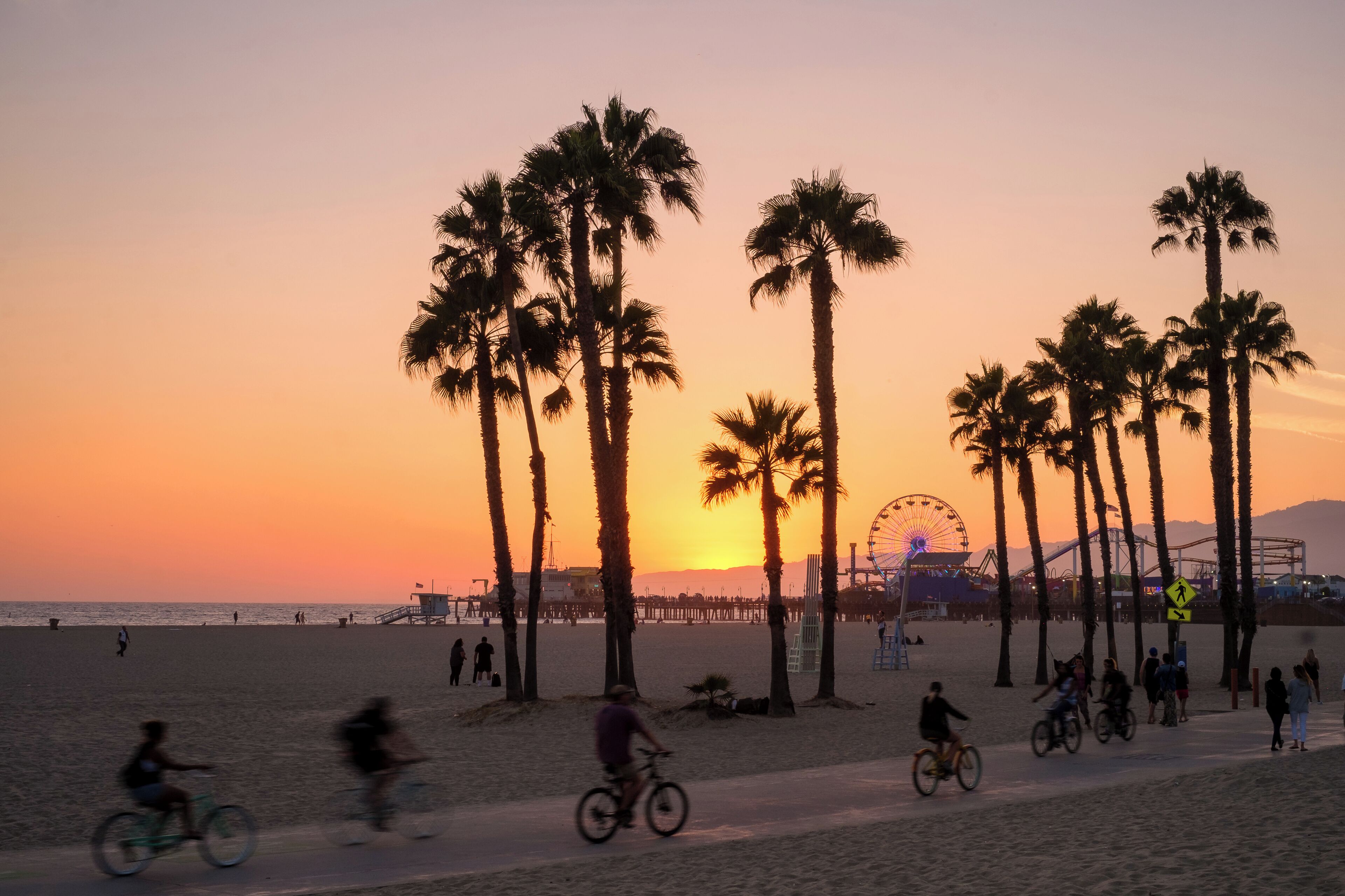 An action shot of people riding their bikes along the beachfront pathway at sunset in Santa Monica, California. A grove of palm trees is silhouetted against the sunset. Santa Monica pier and the ferri