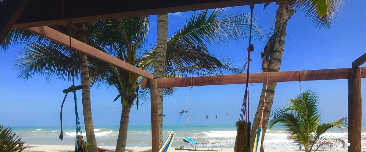 A hammock hanging between palm trees on a sandy beach with the ocean in the background.