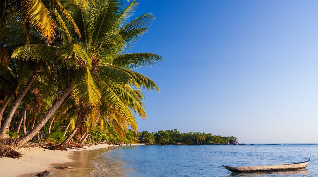 Beach and traditional fishing pirogue, ile aux Nattes (Sainte Marie), Madagascar.