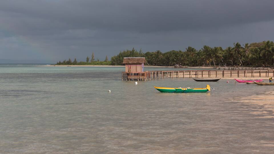 A beach with a wooden hut, palm trees, and several boats.