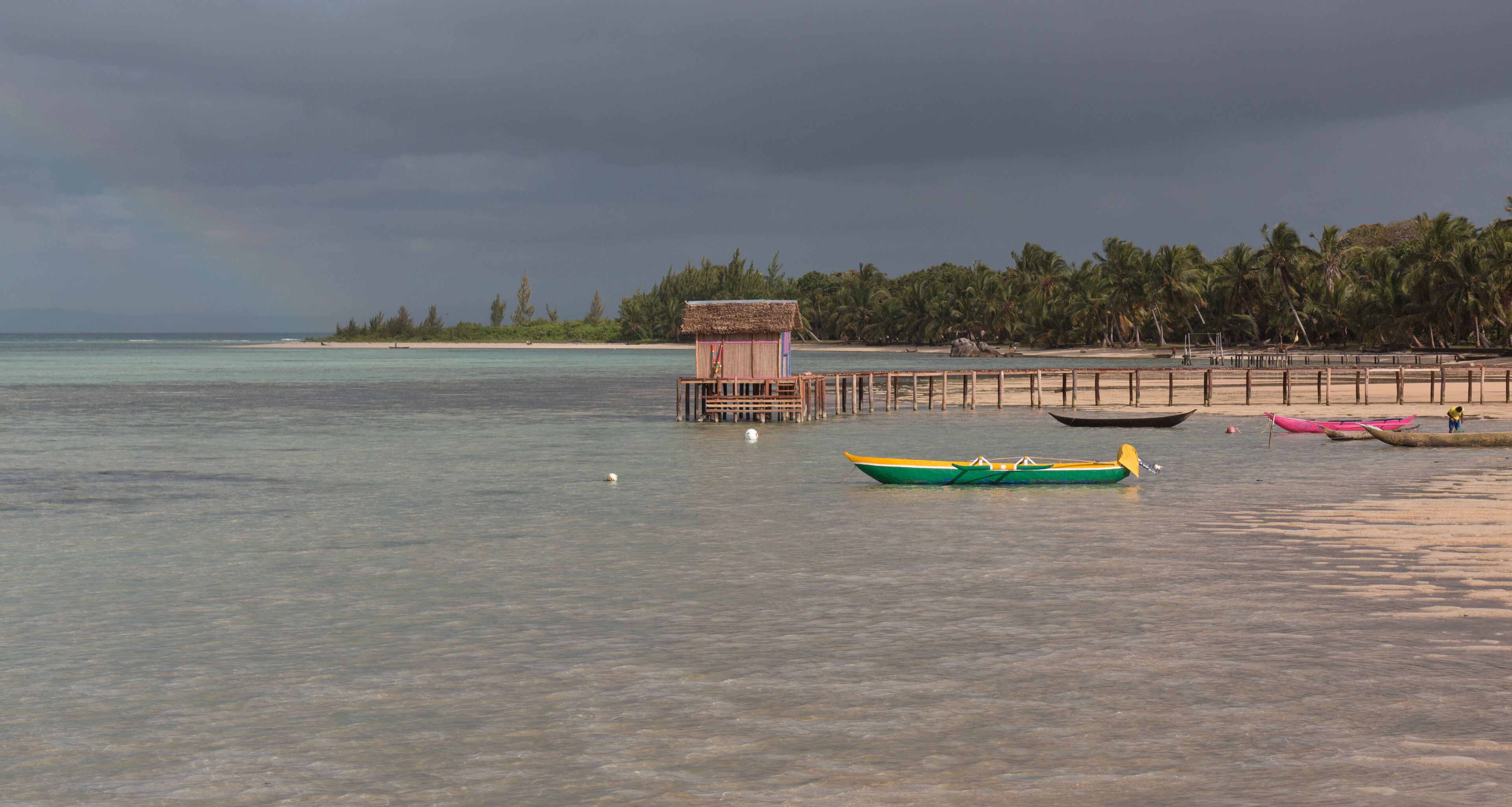 A beach with a wooden hut, palm trees, and several boats.