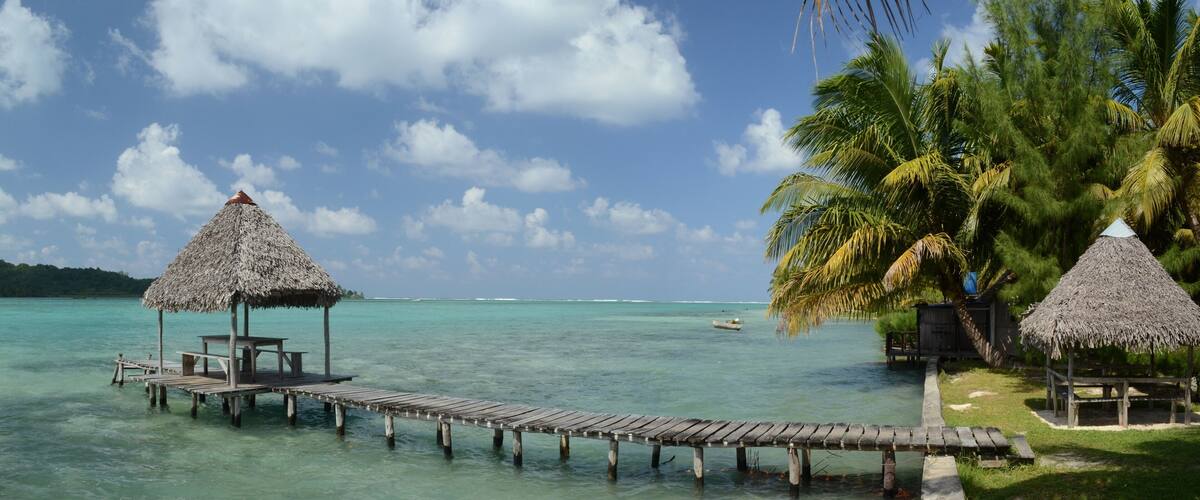 A wooden pier extending into turquoise waters, surrounded by palm trees and thatched-roof structures.