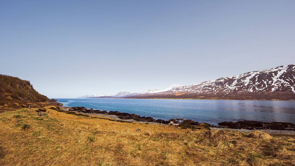A coastal landscape with a clear sky, a calm lake, and snow-capped mountains in the background.