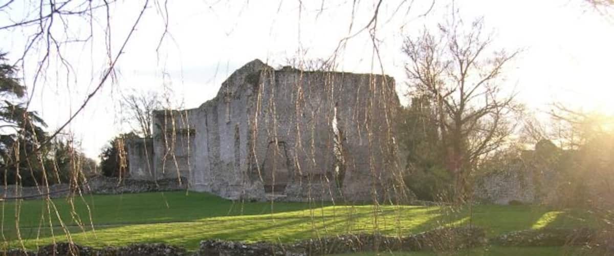 Looking across the moat at the ruins of the Bishop's Palace. The site is in the care of English Heritage, and was not open late on this February afternoon. This view would not be possible when the willow trees are in leaf.