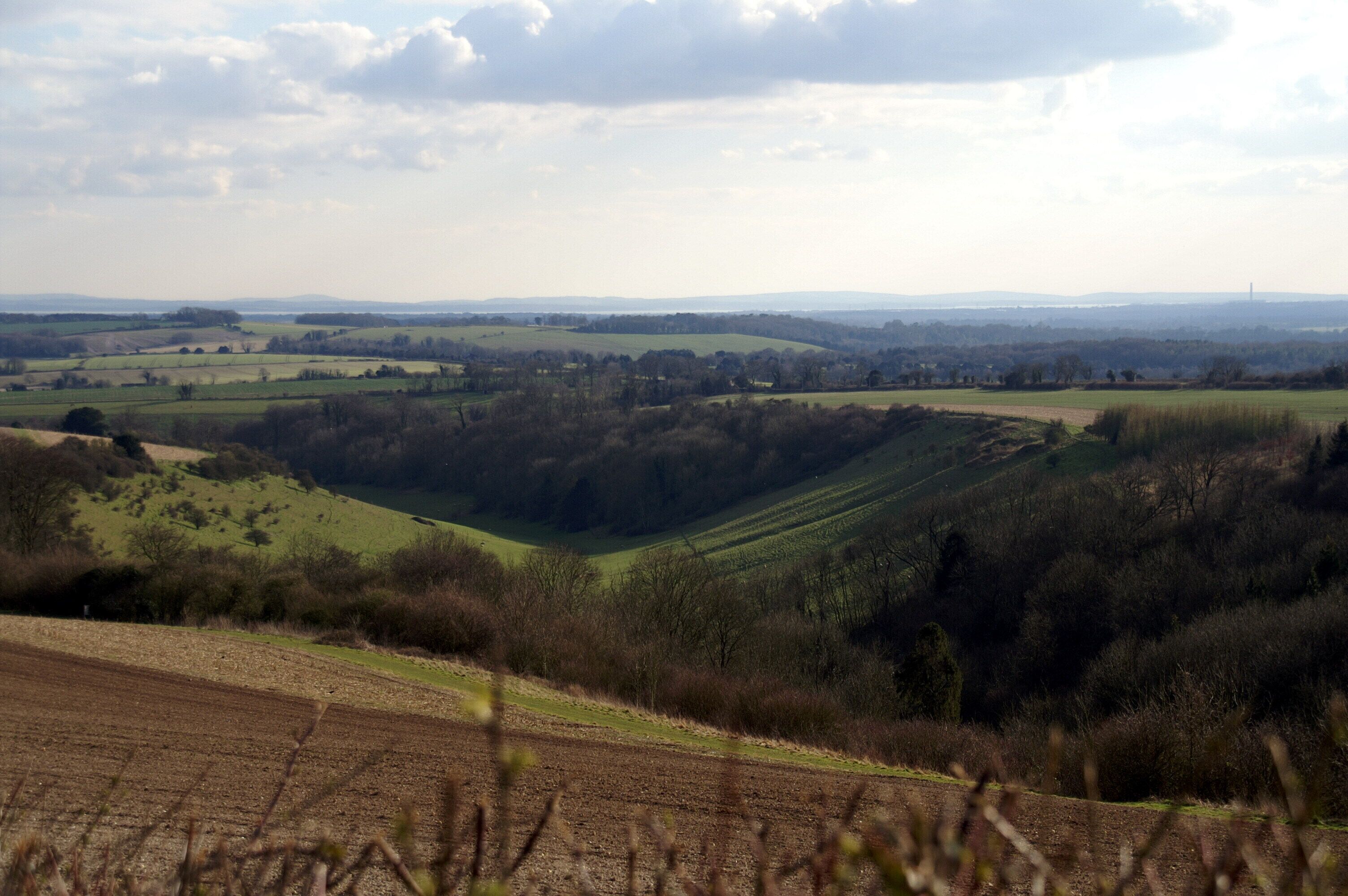 Rolling hills, fields, and a distant tower.