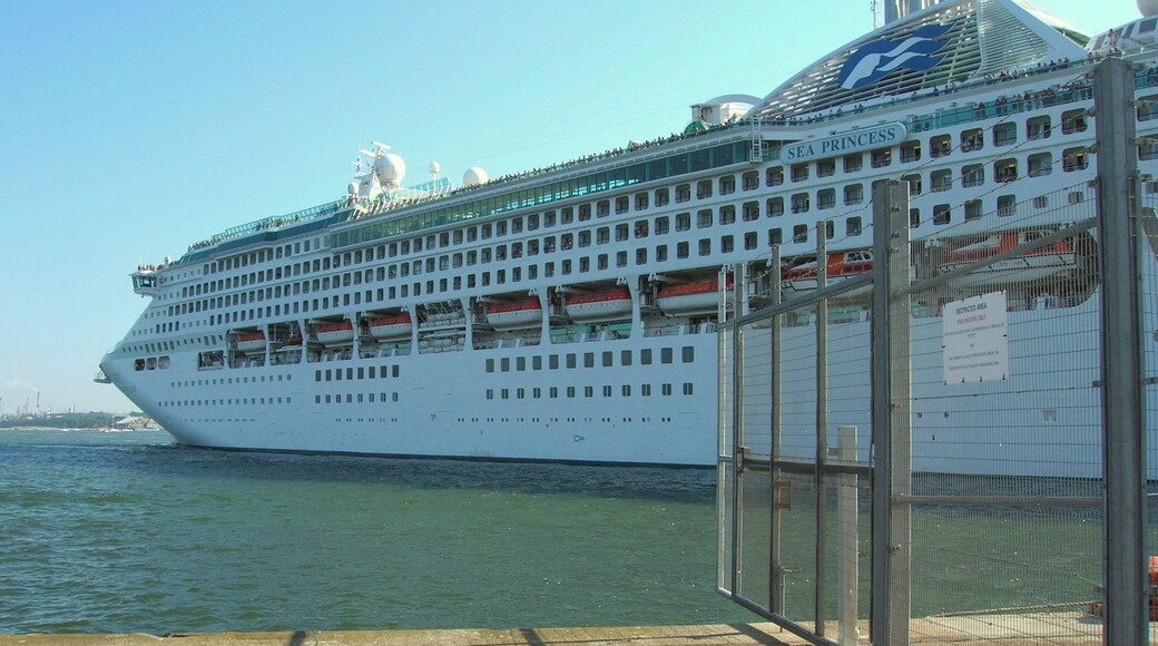 The cruise ship Sea Princess leaving Southampton harbour ; fences are visible on the right, which have prevented access to the ship under the ISPS code.