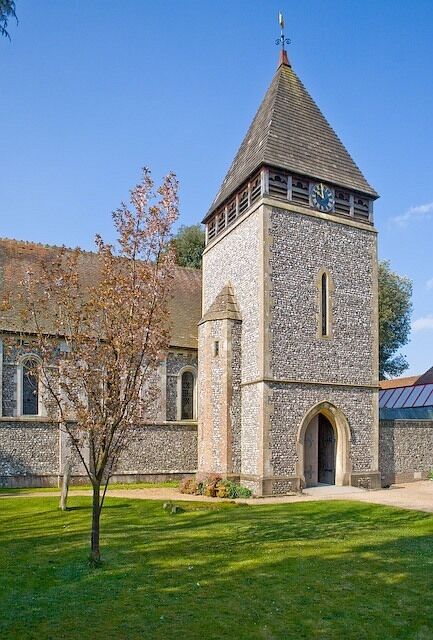 Church of St Barnabas, Swanmore There are several large Yew trees in the churchyard and this was the best unoccluded view of the front of the church that I could find, but it does not show the whole building.