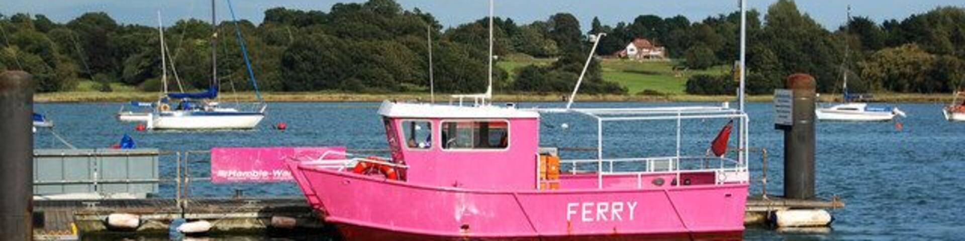 A pink ferry named 'FERRY' docked at a pier with other boats in the background and a grassy shoreline.