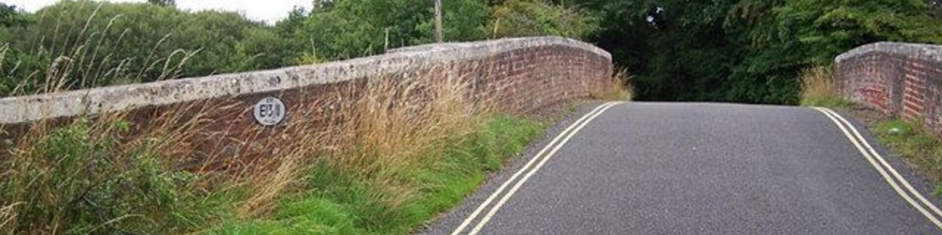 Un camino estrecho con un muro de ladrillo a un lado y un área verde al otro.