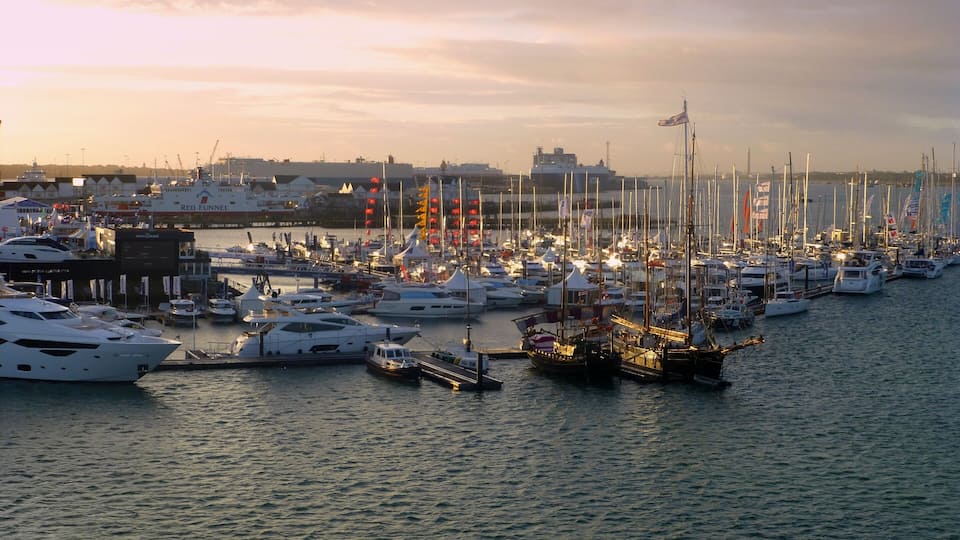A marina filled with various boats and yachts, with a cityscape in the background during sunset.