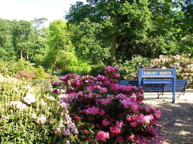 Un panneau indiquant « Exbury Nord » au milieu d’un jardin agrémenté d’arbustes et d’arbres en fleurs.