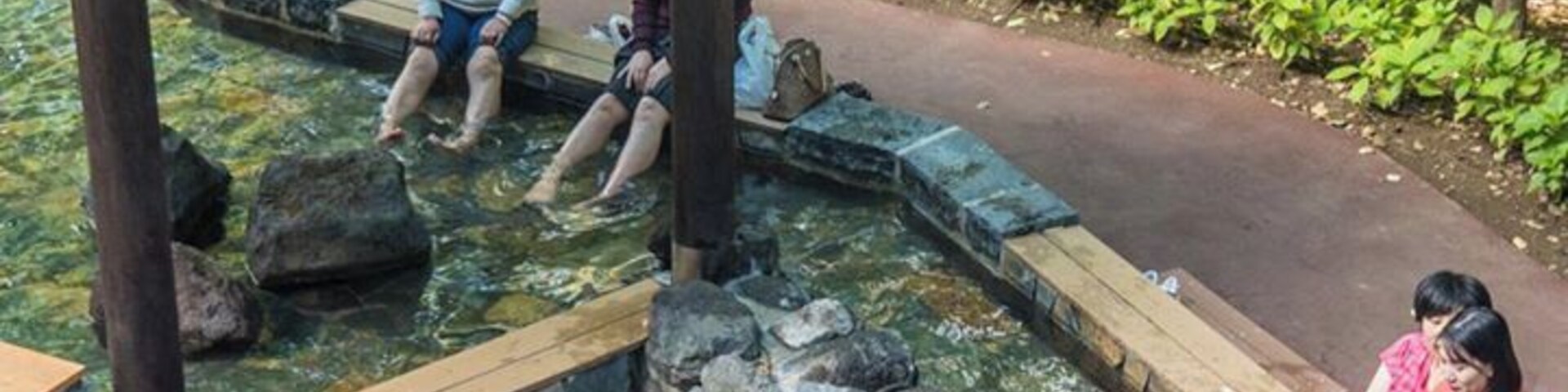 Foot bath at Jozankei Onsen near Sapporo, Hokkaido. An onsen is a natural hot  water bath.  Foot baths, thankfully, are free. There are several onsen in Jozankei, most associated with hotels.  However many can be visited on a casual basis.