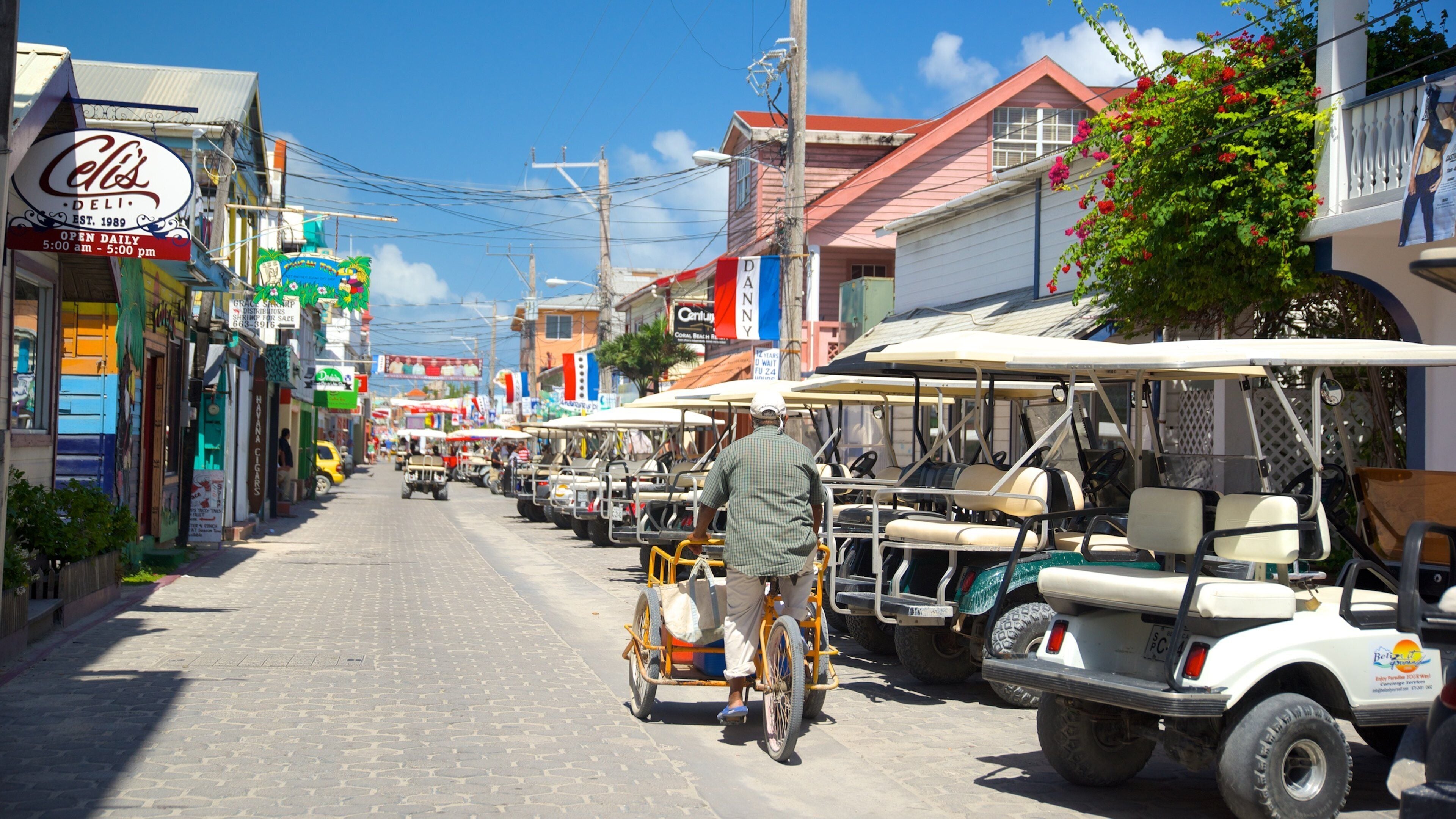 A street lined with colorful shops and golf carts parked on the side.