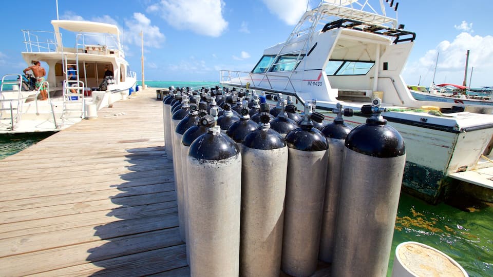 A dock with a row of oxygen tanks and a boat in the background.