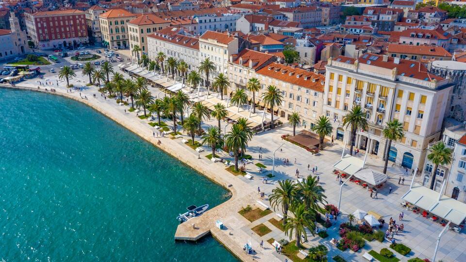 A coastal cityscape with a waterfront promenade lined with palm trees and historic buildings.