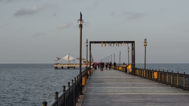 A pier extending into calm waters, with people walking along and a structure with a white canopy in the distance.