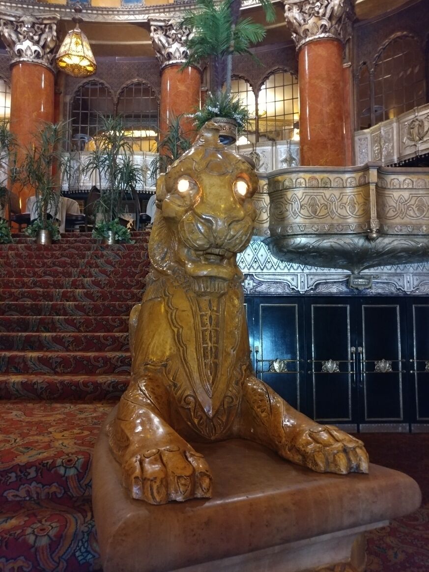 This lion with light up eyes is just one of literally hundreds of over the top decorations that await you.

The Fabulous Fox Theatre® in St. Louis was opened as a movie house in 1929. It fell into disrepair and was closed in 1978. It was completely renovated and reopened as a performing arts theatre in 1982.