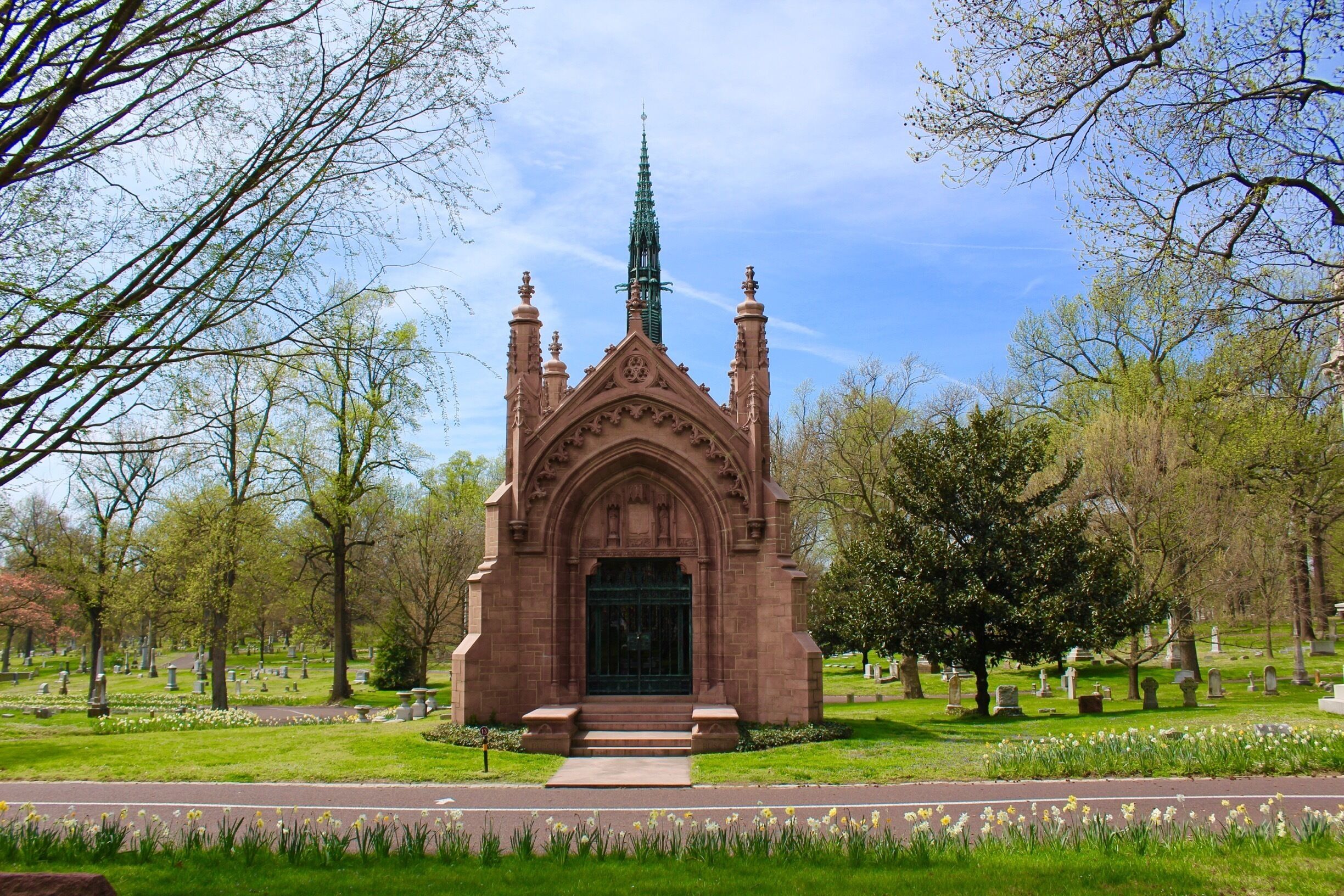 Bellefontaine Cemetery is a nonprofit, non-denominational cemetery and arboretum located in St. Louis, Missouri. Founded in 1849 as a rural cemetery, Bellefontaine is home to a number of architecturally significant monuments and mausoleums such as the Louis Sullivan-designed Wainwright Tomb, which is listed on the National Register of Historic Places. The cemetery contains 314 acres of land and over 87,000 graves, including those of William Clark, Adolphus Busch, Thomas Hart Benton, and William S. Burroughs. Many Union and Confederate soldiers from the American Civil War are buried at Bellefontaine, as well as numerous local and state politicians.

As of 2012 over 87,000 people have been buried at Bellefontaine Cemetery, and approximately 100 new burials take place each year. Bellefontaine remains a non-profit, non-denominational cemetery, and still holds over 100 acres of open, unused land. Some of this extra land has recently been converted into prairie and woodland. Bellefontaine contains over 14 miles of paved roads and, as an accredited arboretum, is home to over 180 species of trees and shrubs. A new lakeside garden and columbarium were completed in 2010, and other major landscaping projects are planned or in progress.

The cemetery contains the graves of many prominent pioneers to the West, as well as businessmen, politicians, and generals who remain significant figures in the history of St. Louis and the United States. The oldest graves in the cemetery are located on pioneer Edward Hempstead’s family lot and date as far back as 1816. Many of the wealthiest families at Bellefontaine are interred in ornate mausoleums which overlook the Mississippi River and draw from Classical, Romanesque, Gothic, and Egyptian architectural styles. Among the most notable mausoleums in the cemetery are: the Wainwright Tomb, designed for Charlotte Dickson Wainwright by the famed Chicago school architect Louis Sullivan in 1892; the Busch Mausoleum, designed for Adolphus Busch and Lilly Anheuser by Barnett, Haynes & Barnett in 1915; and the Brown Brothers Mausoleums, designed in 1910 by Isaac Taylor and in 1928 by Mauran, Russell and Crowell. There are also a number of large family plots in the cemetery, many of which are marked by tall obelisk monuments with elaborate bases. Guided tours of the cemetery’s main historical and architectural highlights are available and are open to the public. Alternatively, visitors can obtain self-guided tour brochures at the cemetery office.

The cemetery was listed on the National Register of Historic Places in 2014.

#LIFEATEXPEDIA