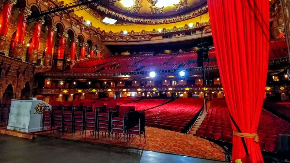 A view from on stage looking out to the seating area.
The Fabulous Fox Theatre® in St. Louis was opened as a movie house in 1929. It fell into disrepair and was closed in 1978. It was completely renovated and reopened as a performing arts theatre in 1982.