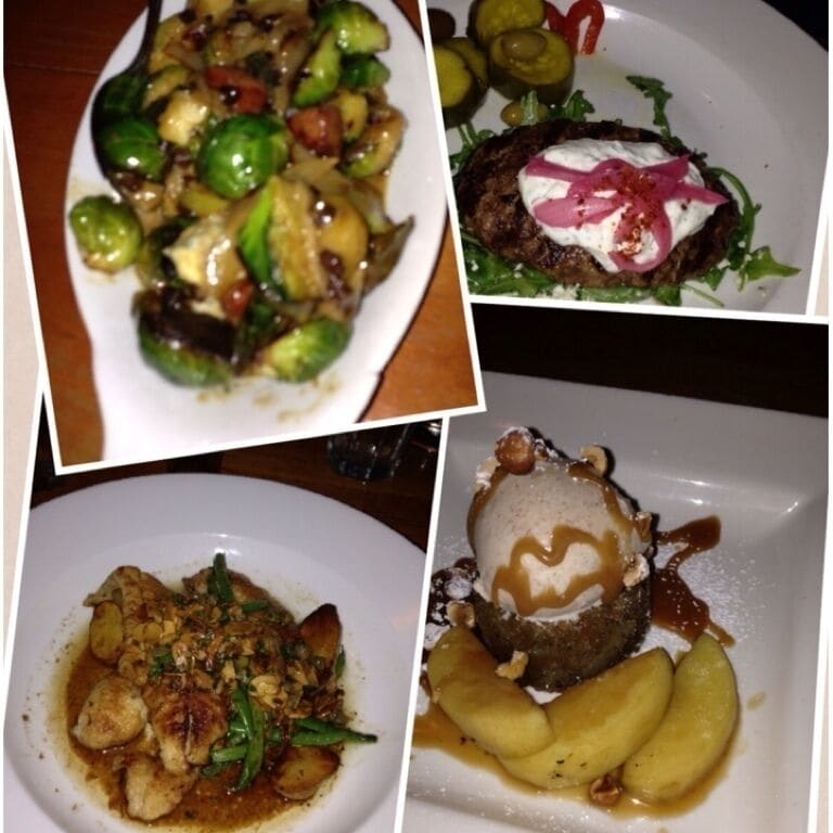 Another enjoyable dinner at Monte's. Brussel sprouts with bacon, onions & blue cheese. Sole almondiene, lamb burger, apple spice cake with cinnamon gelato.   Sorry for typos-also had killer mojitos!