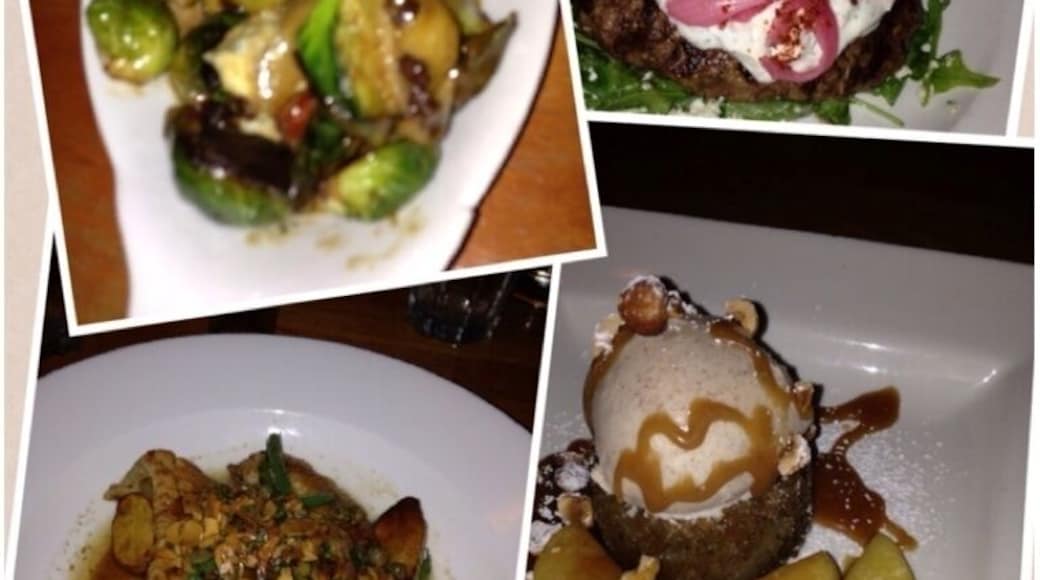 Another enjoyable dinner at Monte's. Brussel sprouts with bacon, onions & blue cheese. Sole almondiene, lamb burger, apple spice cake with cinnamon gelato. Sorry for typos-also had killer mojitos!