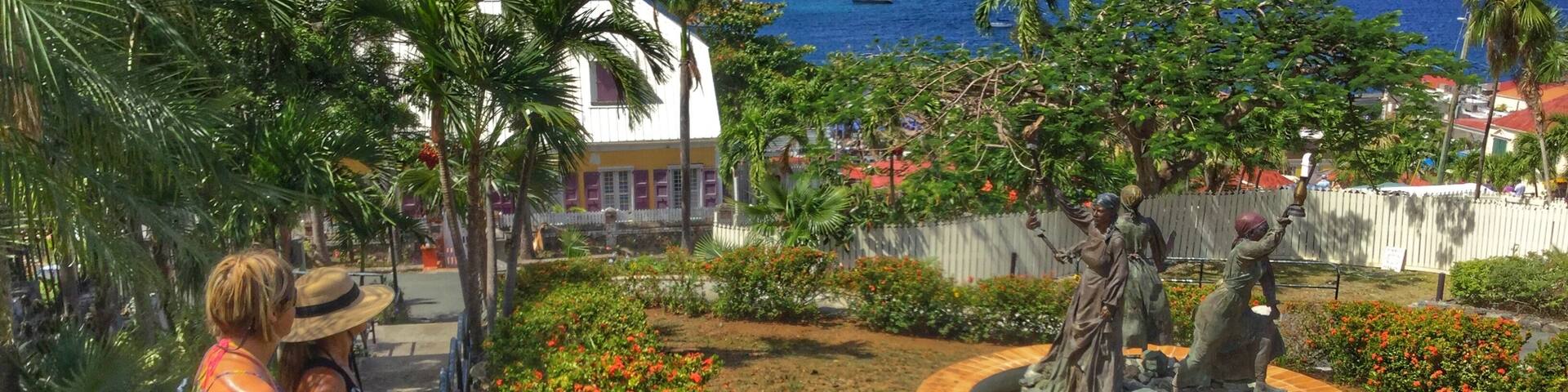 Barbara and Jeannie are looking over the Three Queens Statue and Charlotte Amalie Harbor on May 17, 2018. Just above this was Blackbeard's Castle, but it was still closed from Hurricane Irma damages (September 2017). We walked up the 99 Steps (actually 103) and around other historical points in Charlotte Amalie.
https://tinyurl.com/gmc051718