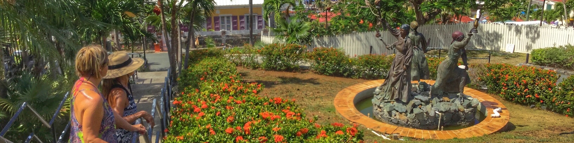 Barbara and Jeannie are looking over the Three Queens Statue and Charlotte Amalie Harbor on May 17, 2018. Just above this was Blackbeard's Castle, but it was still closed from Hurricane Irma damages (September 2017). We walked up the 99 Steps (actually 103) and around other historical points in Charlotte Amalie.
https://tinyurl.com/gmc051718