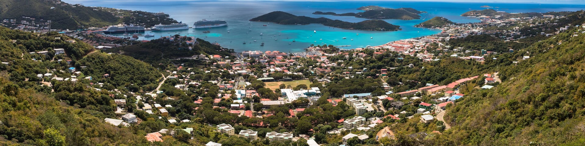 A coastal town with a harbor, cruise ships, and a mountainous backdrop.