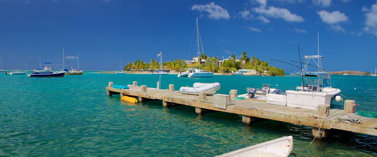 A wooden pier with boats docked, clear turquoise water, and palm trees in the background.
