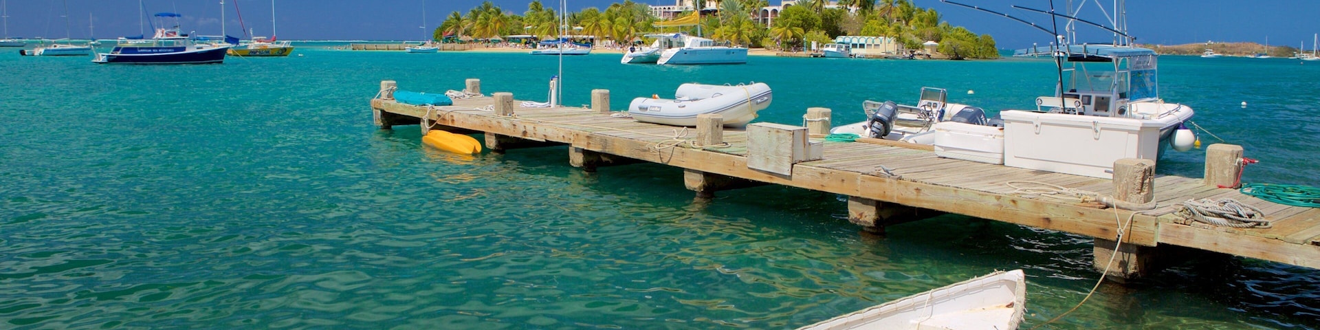 A wooden pier with boats docked, clear turquoise water, and palm trees in the background.