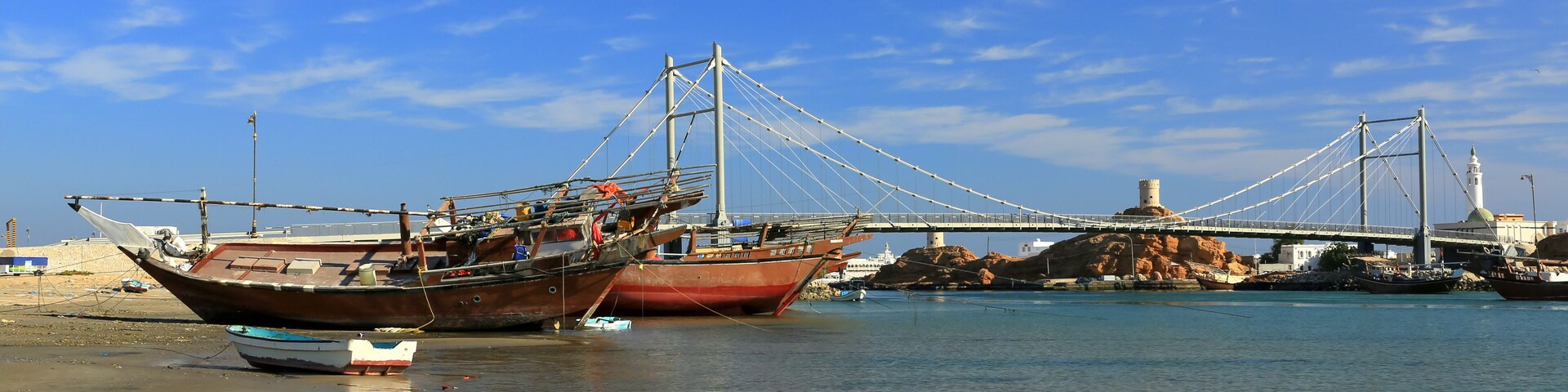 A coastal scene with a large suspension bridge, several boats, and rocky terrain.