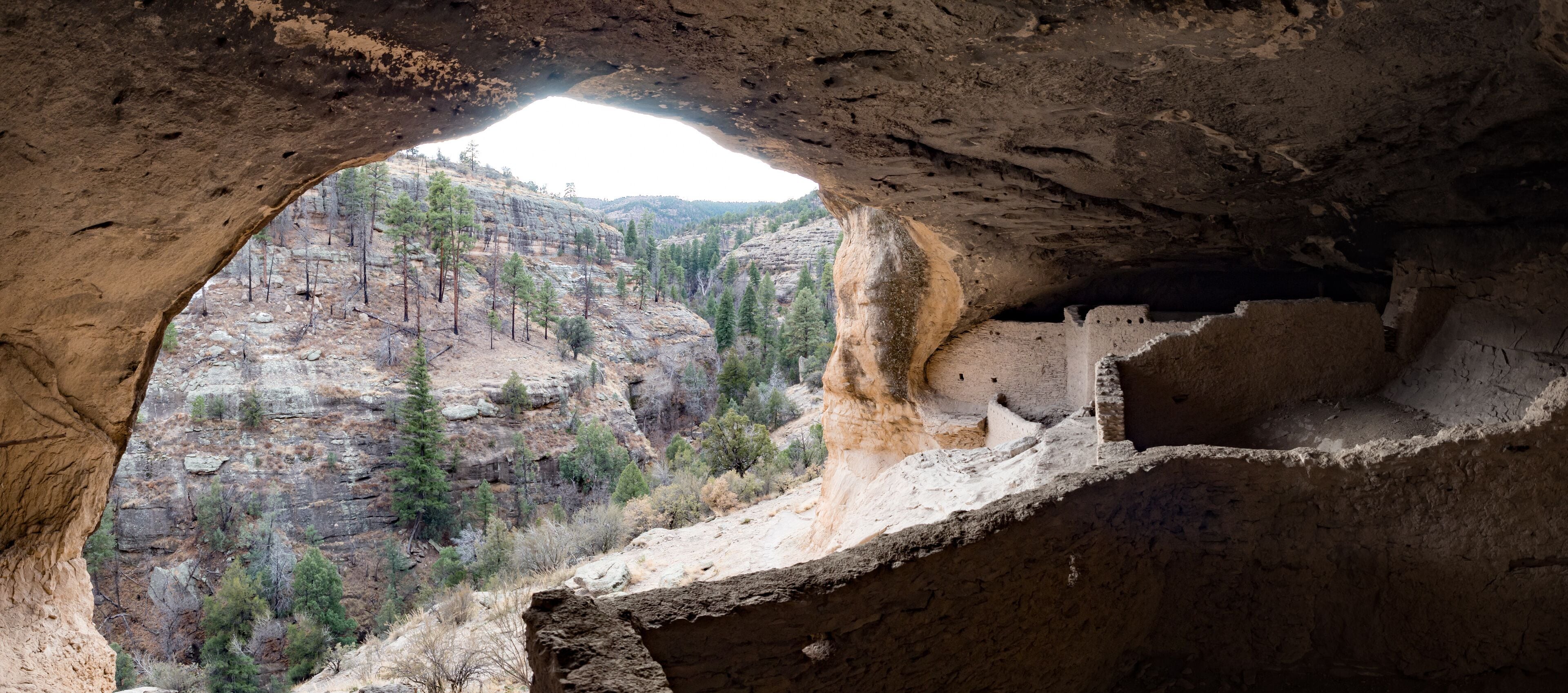 Panorama of view of cliffs in winter from cave dwelling  at Gila Cliff Dwellings National Monument, Silver City New Mexico