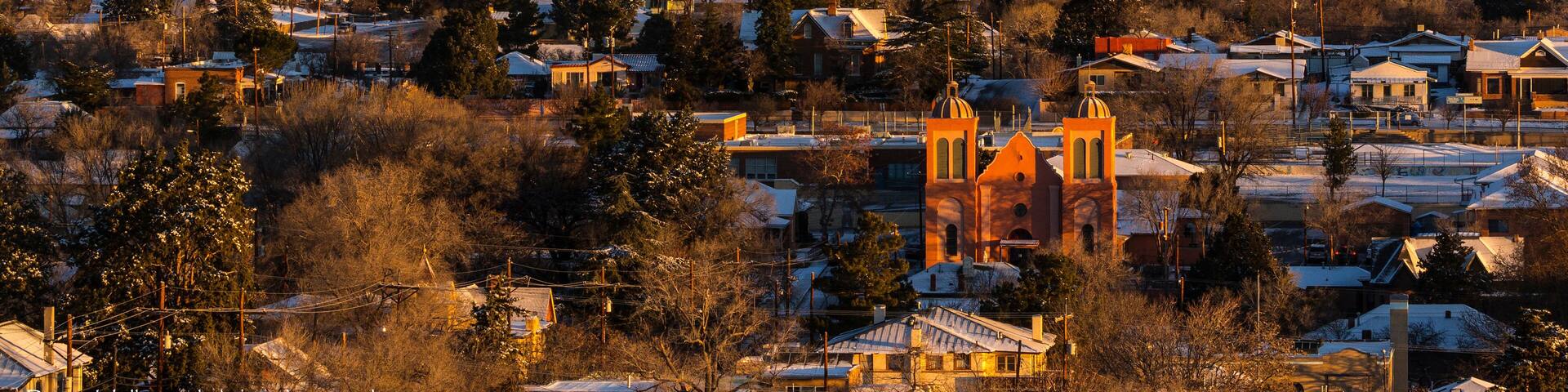 Old church and small mountain town in morning light