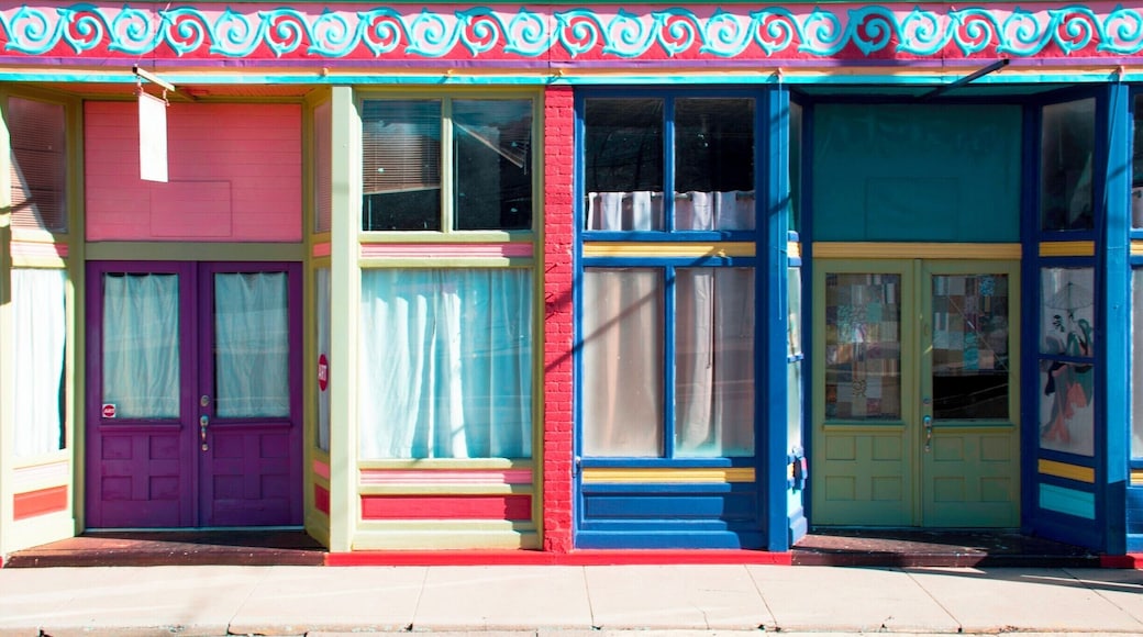 A colorful line of shops and artists' studios in Silver City, New Mexico. Like many old mining towns in the southwest, Silver City has transformed itself into a city of artists and retirees.