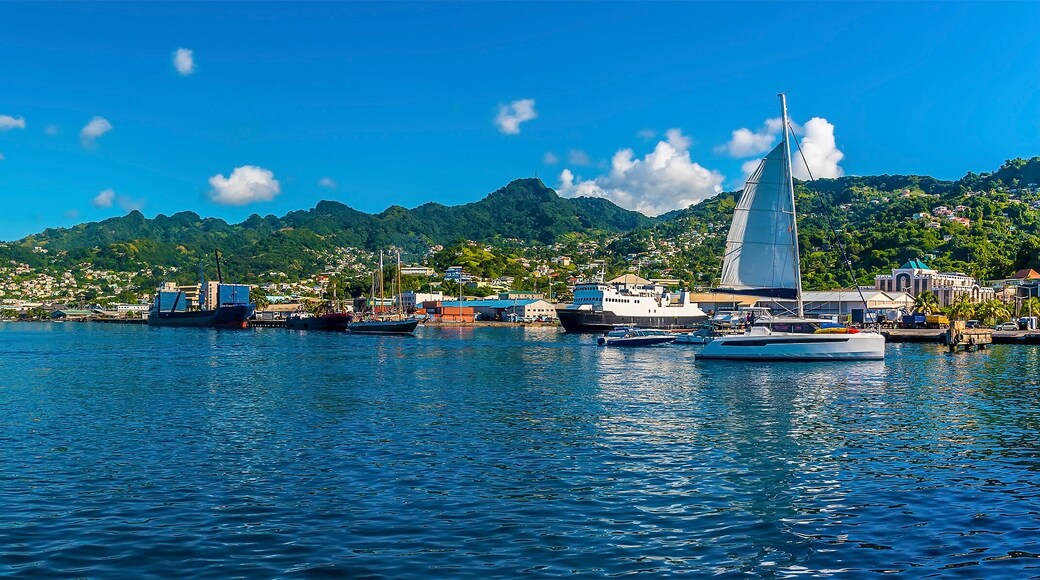 A panorama view across the seafront of Kingstown, Saint Vincent in the early morning light