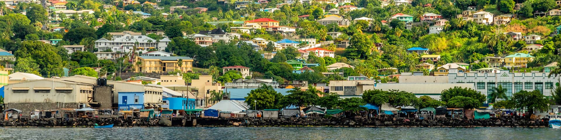 Coastline view with lots of living houses on the hill, Kingstown, Saint Vincent and the Grenadines