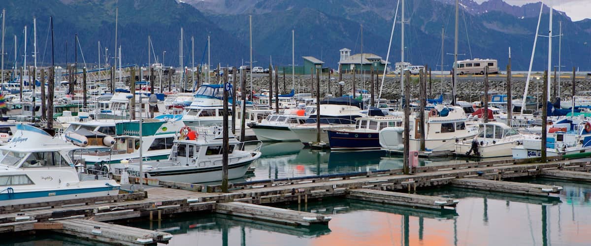 A marina with boats docked, wooden piers, and a mountainous backdrop.