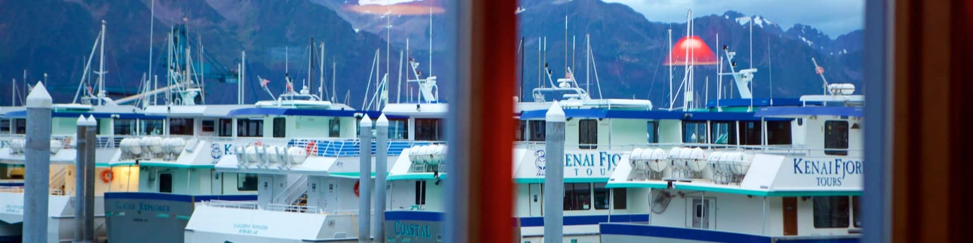 A marina with several boats docked, including 'Nunatak' and 'Kenai Fjords Tours'. Mountains are visible in the background.