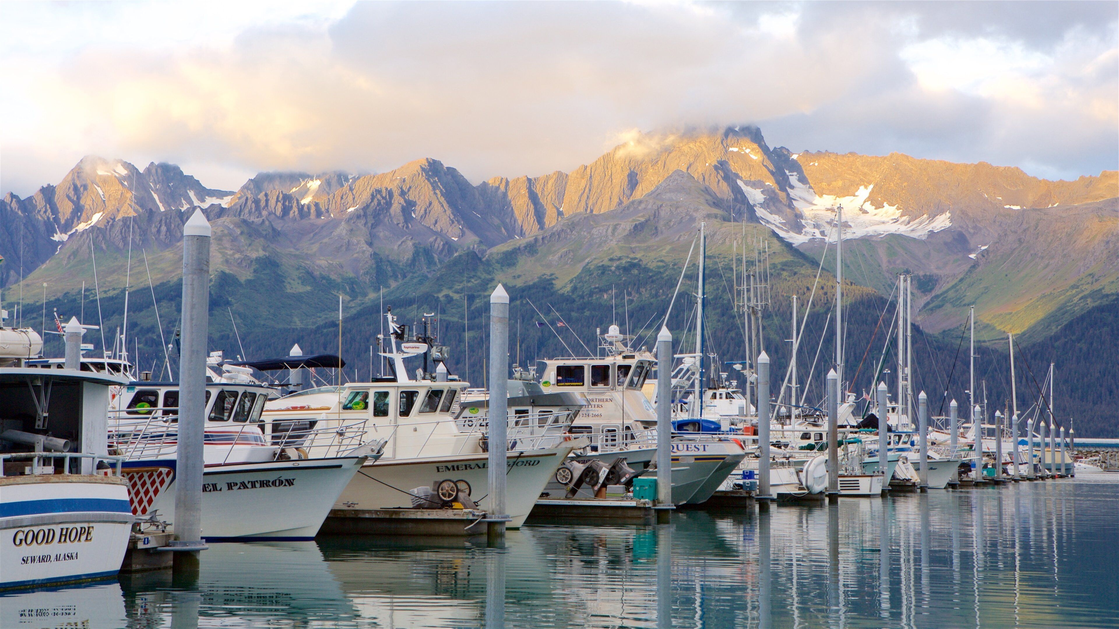 A marina with boats docked in front of a mountainous backdrop.