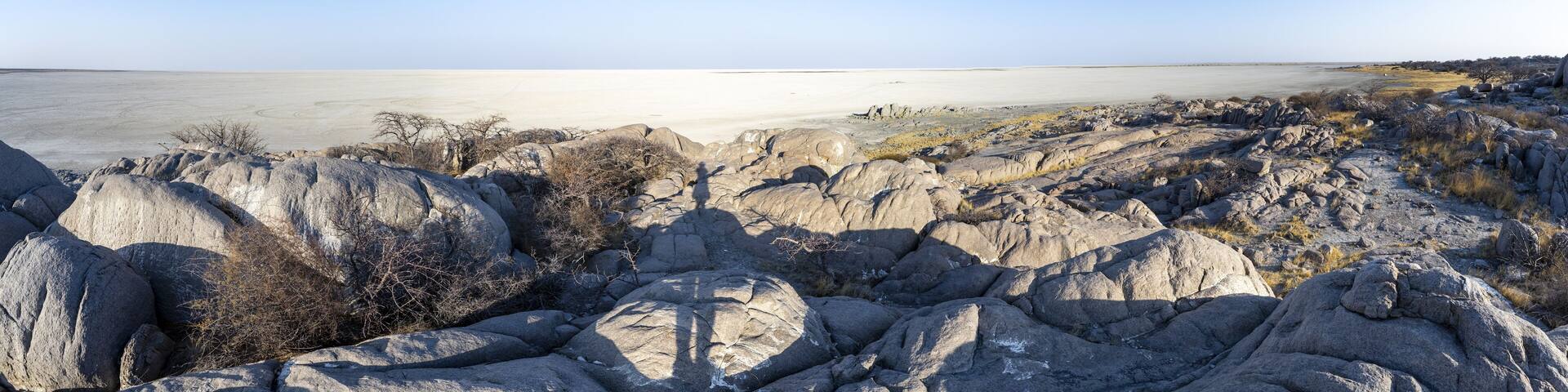 View over the salt pan of Kubu Island with round rocks, African baobab (Adansonia digitata), Kubu Island (Lekubu), Sowa Pan, Makgadikgadi Salt Pans, Botswana