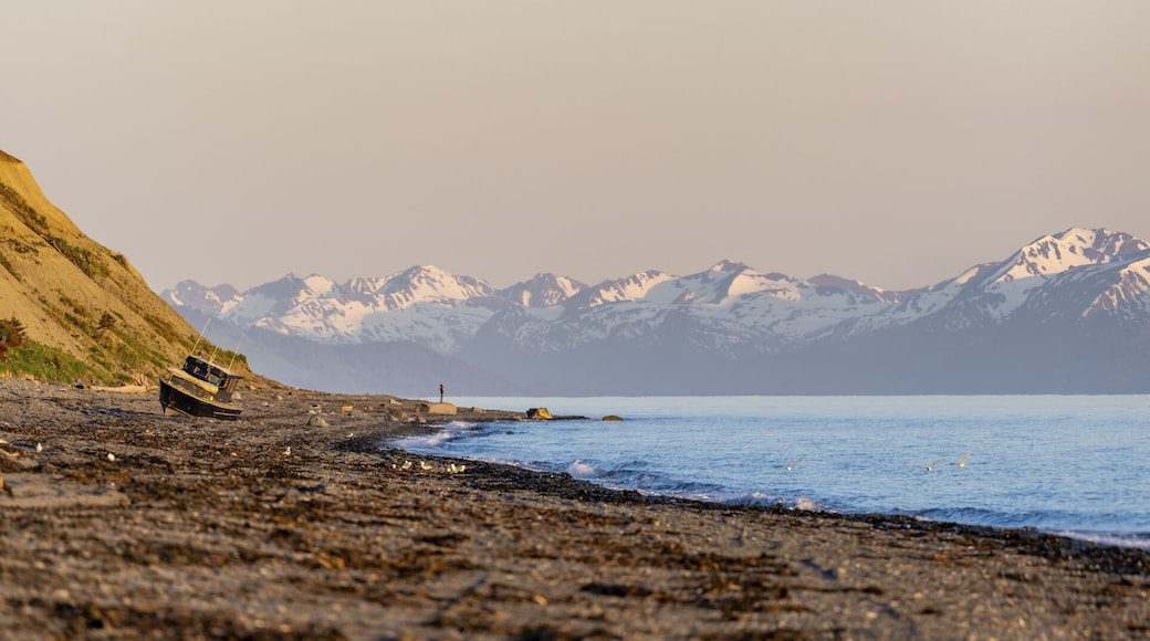 Kivikkoinen ranta, jossa on kalastusalus, henkilö seisomassa rannalla ja lumihuippuiset vuoret taustalla.