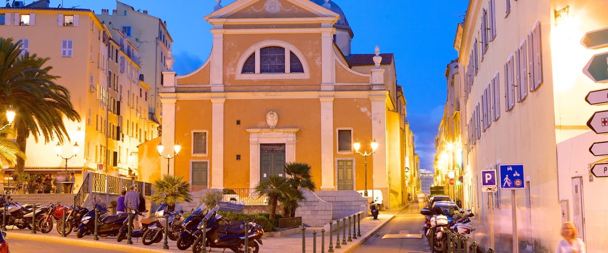 Ajaccio which includes night scenes, street scenes and heritage architecture