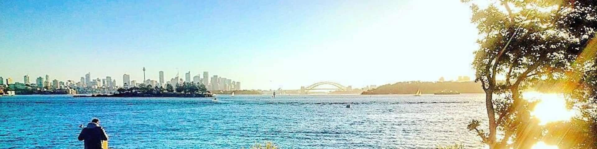 A riverside picnic area with people relaxing, a city skyline in the background, and a bridge across the water.