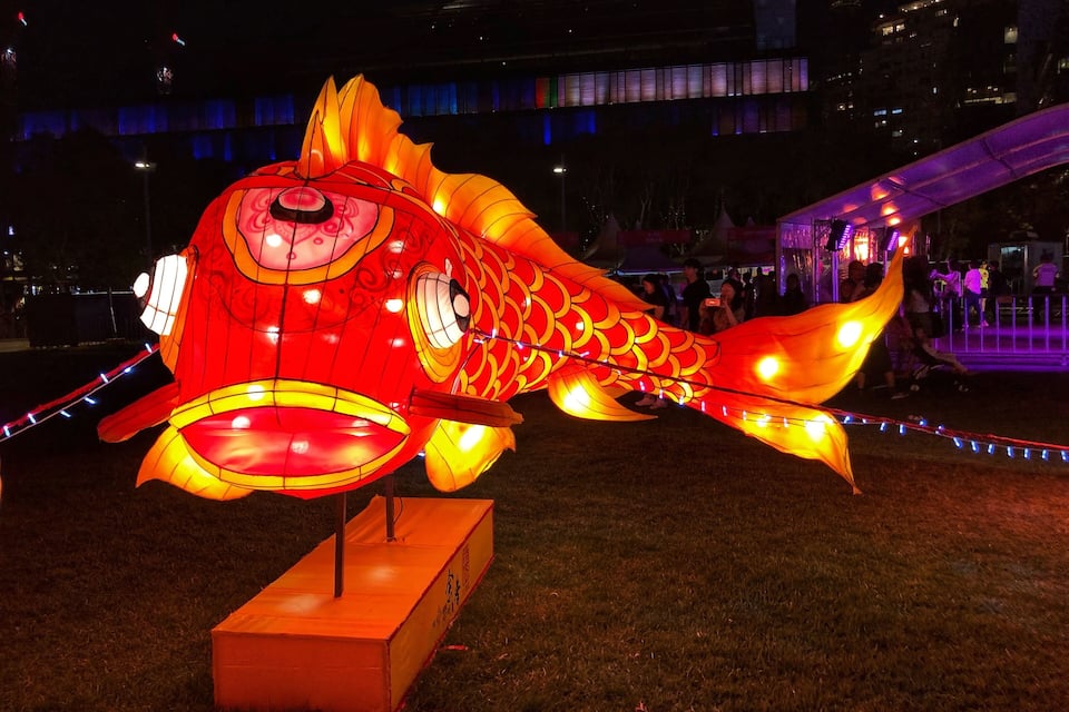 A large illuminated fish sculpture in an outdoor setting.