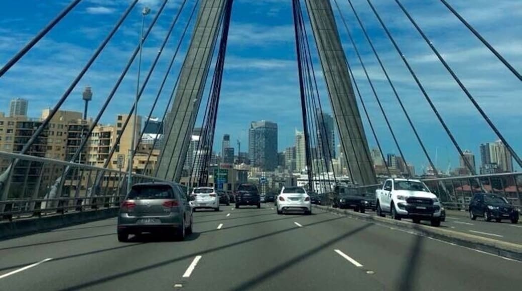 The Anzac Bridge is cable-stayed bridge spanning Johnstons Bay between Pyrmont and Glebe Island, Sydney.